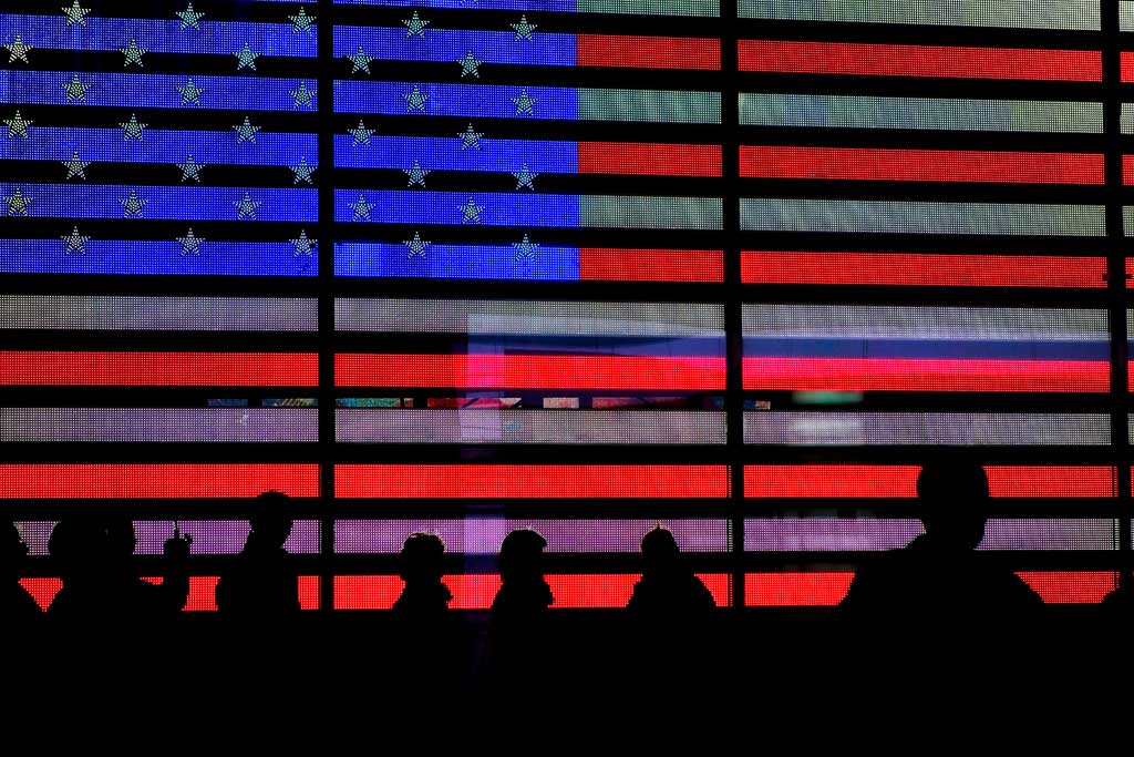 Street - American flag in lights in Times Square, New York
